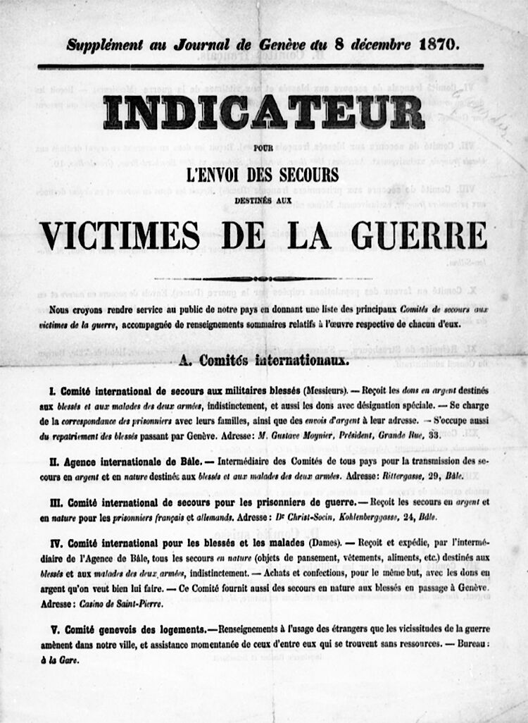 Ausführlich informiert das „Journal de Genève“ seine Leser über die verschiedenen Hilfsgesellschaften, die während des Deutsch-Französischen Krieges im Einsatz sind (IKRK)