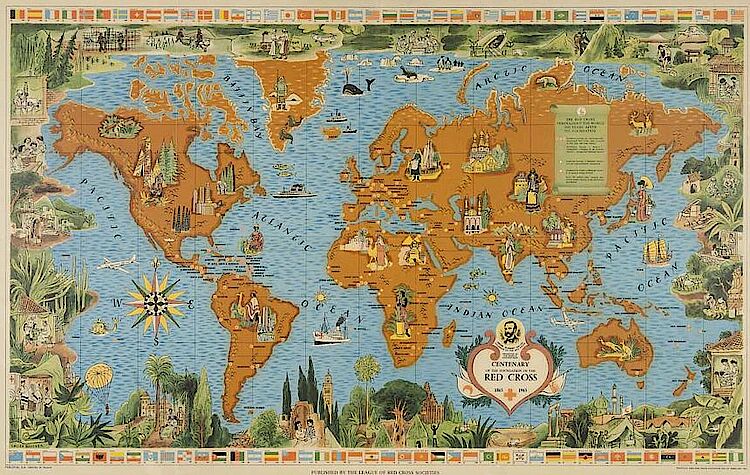 Weltkarte zum 100. Jahrestag der Gründung des Roten Kreuzes, Exponat im Rotkreuz-Museum Luckenwalde 