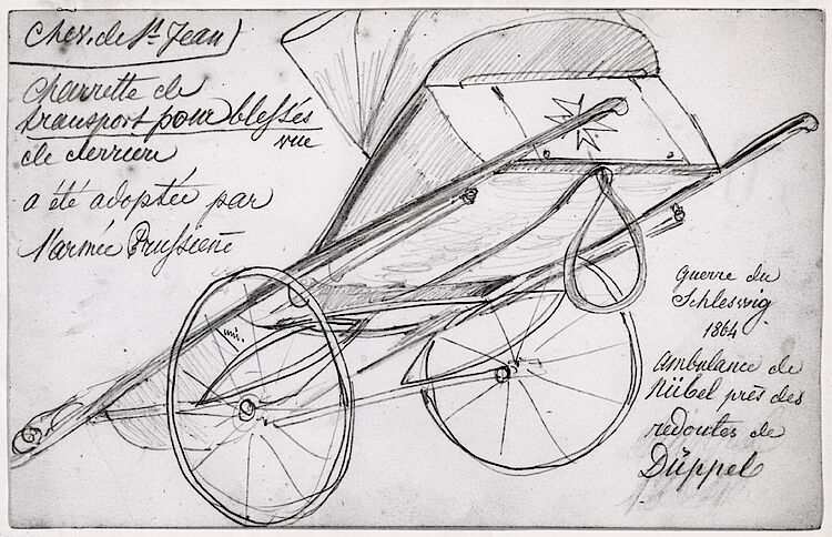 Diese preußische Rädertrage skizzierte Louis Appia 1864 bei seinem Einsatz als Delegierter des Internationalen Komitees im Deutsch-Dänischen Krieg (IKRK)