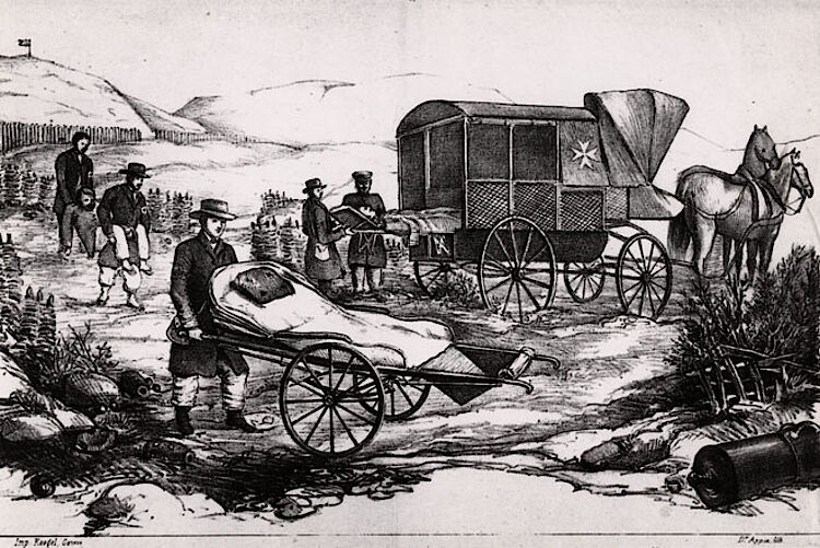 Deutsch-Dänischer Krieg 1864: Verwun­de­tentransport durch Helfer des Johanniter-Ordens und der Brüder vom Rauhen