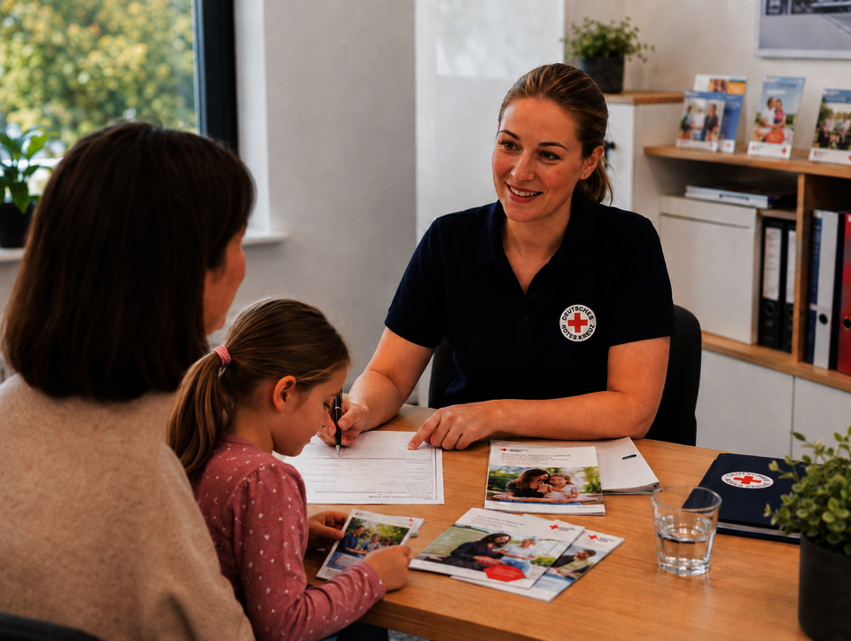 DRK Mitarbeiterin berät Mutrter mit Tochter