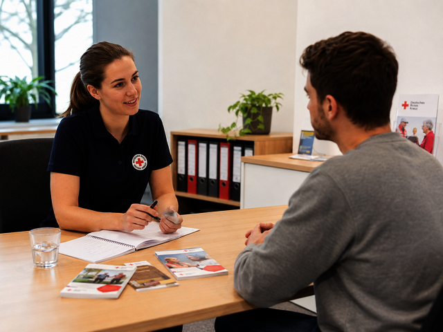 DRK Mitarbeiterin am Arbeitplatz mit Klient im Gespräch