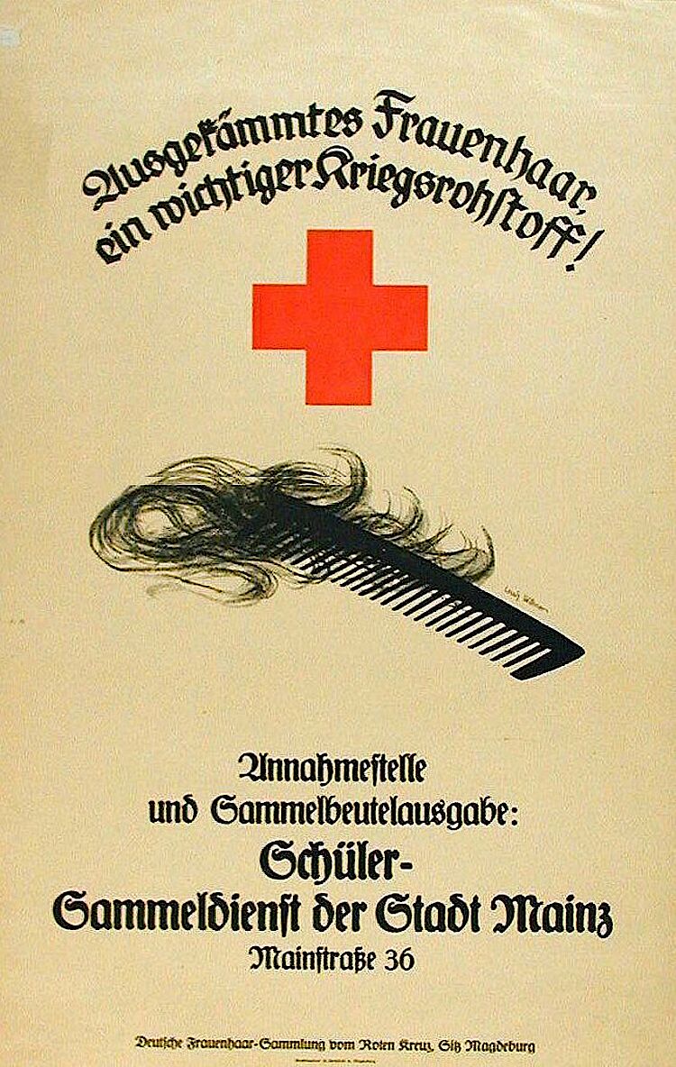 Spendenaufruf für Frauenhaar vom Roten Kreuz in Mainz (Bundesarchiv)